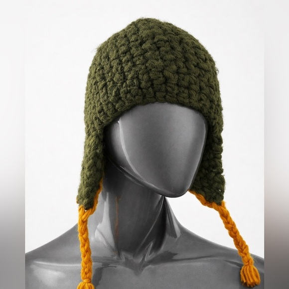 Delux Accessories - DELUX Knit Earflap Beanie Hat Green With Orange Tassels Winter Cold Weather